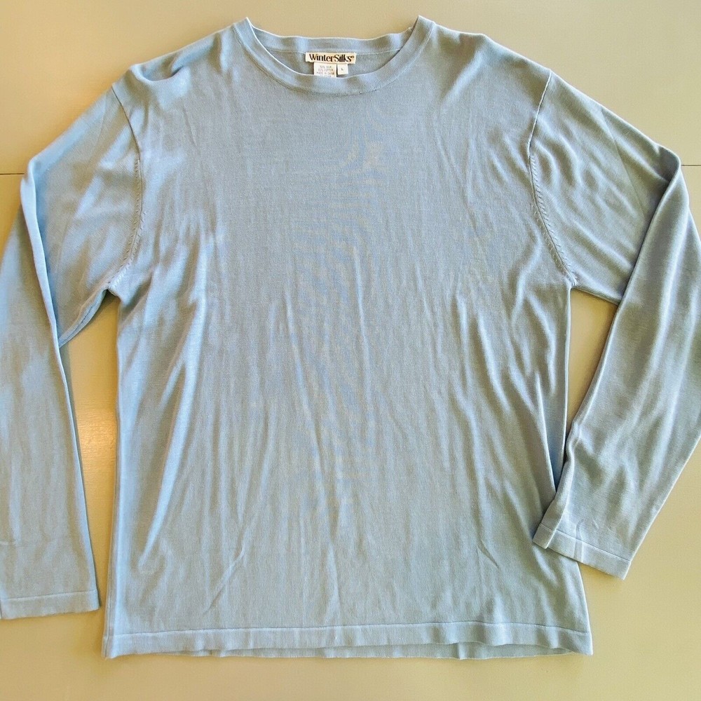 Winter Silks Sweater Top Women Large Blue Silk Knit Solid Long Sleeve Soft